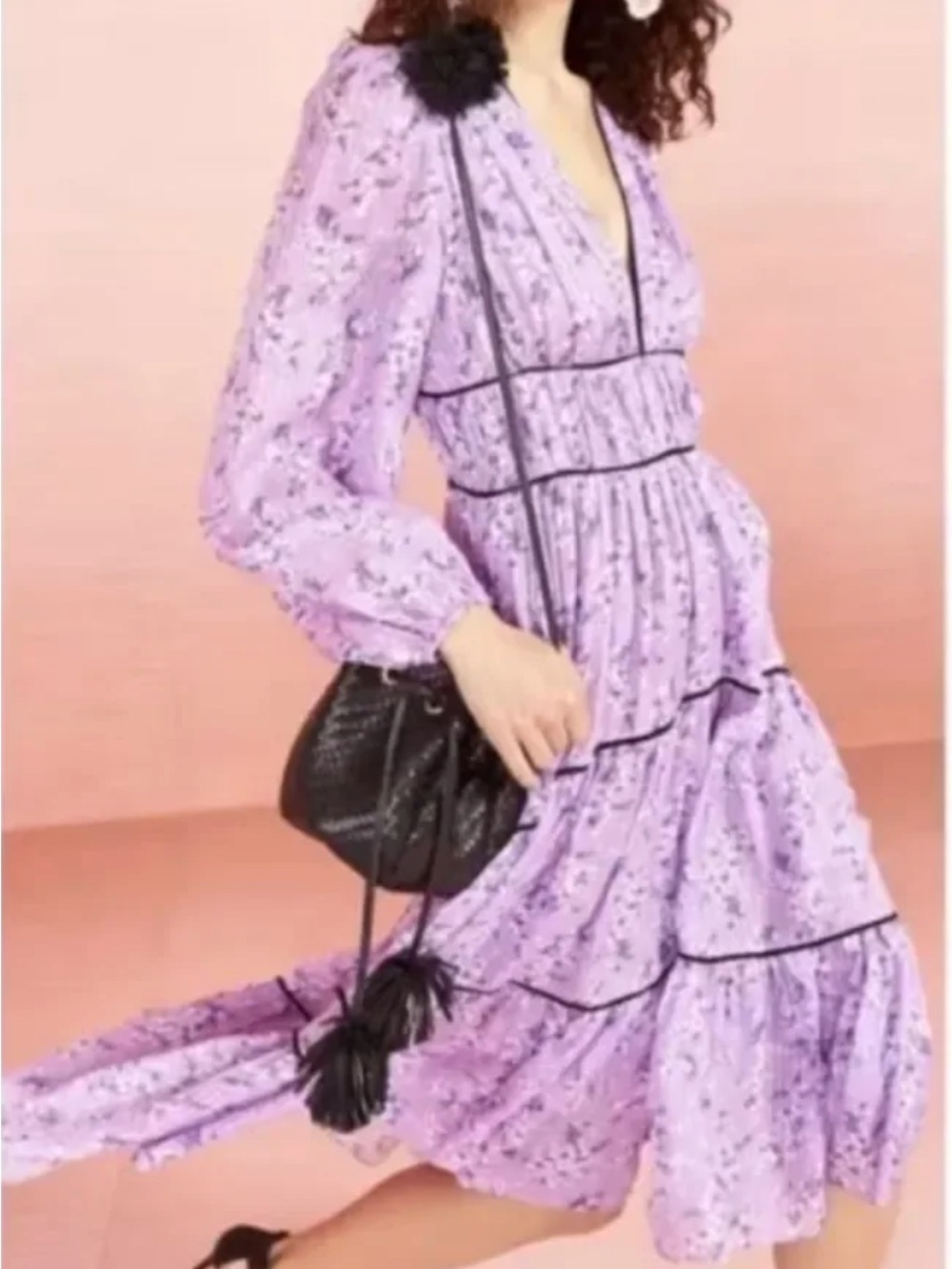 Lilac Floral Tiered Midi Dress with Contrast Piping